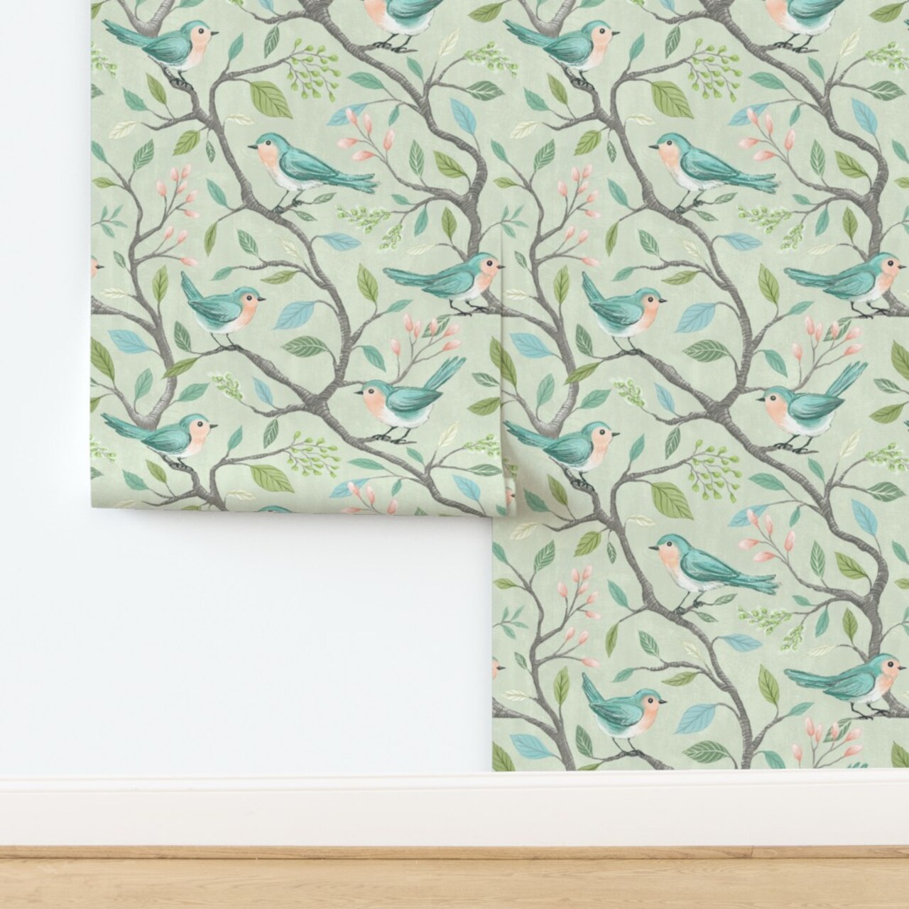 Cottagecore Chinoiserie Nature Birds Botanical Trees Branches Flowers Leaves Blue Bird Floral Faux Texture Brush Strokes Farmhouse Spring Custom Pre-pasted Wallpaper by Spoonflower Pre-Pasted Wallpaper 2FT Wide